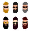Set hipsters. Heads of men in sunglasses. Fashionable haircuts and beards.
